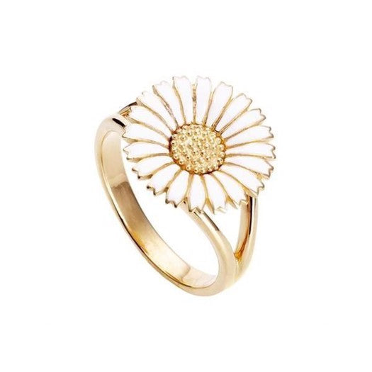 Marguerit ring fra Kranz & Ziegler i forgyldt sølv med hvid emalje, 15 mm blomsterdesign.